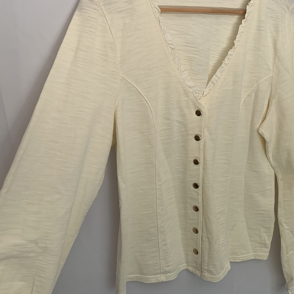 Nation LTD Ivory Gold Edwardian Snap Front Ruffle V-Neck Top Size L | - Picture 10 of 16